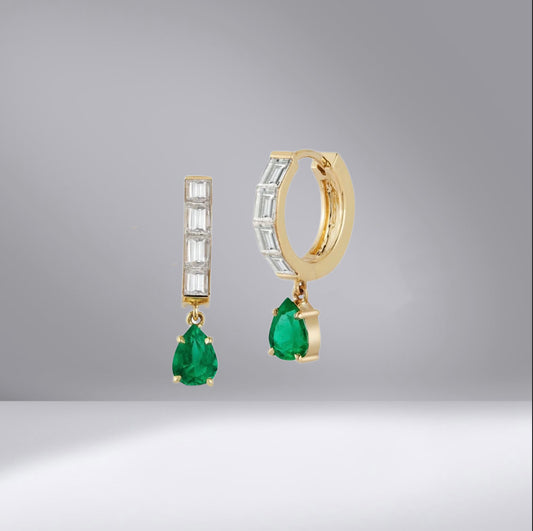 Baguette Diamond And Emerald Huggies