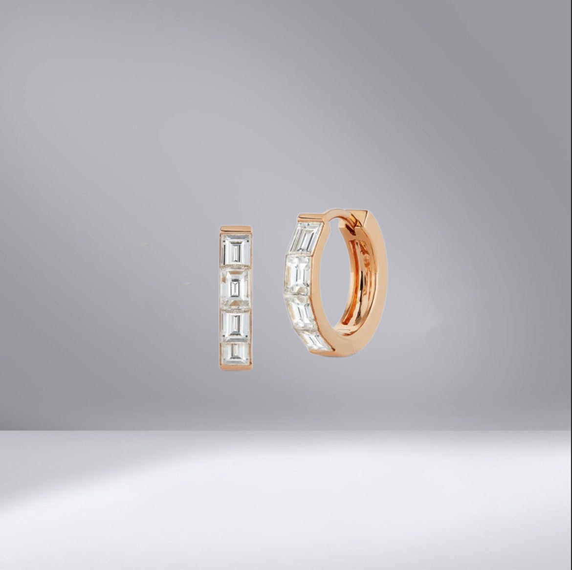 Baguette Diamond Huggies with rose gold ring 