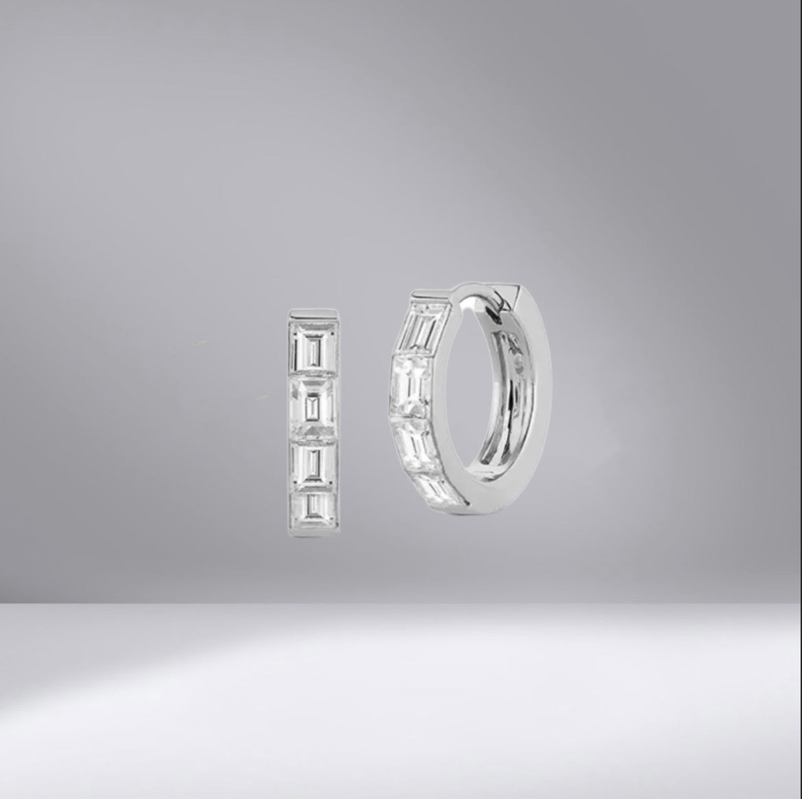 Baguette Diamond Huggies with sliver ring